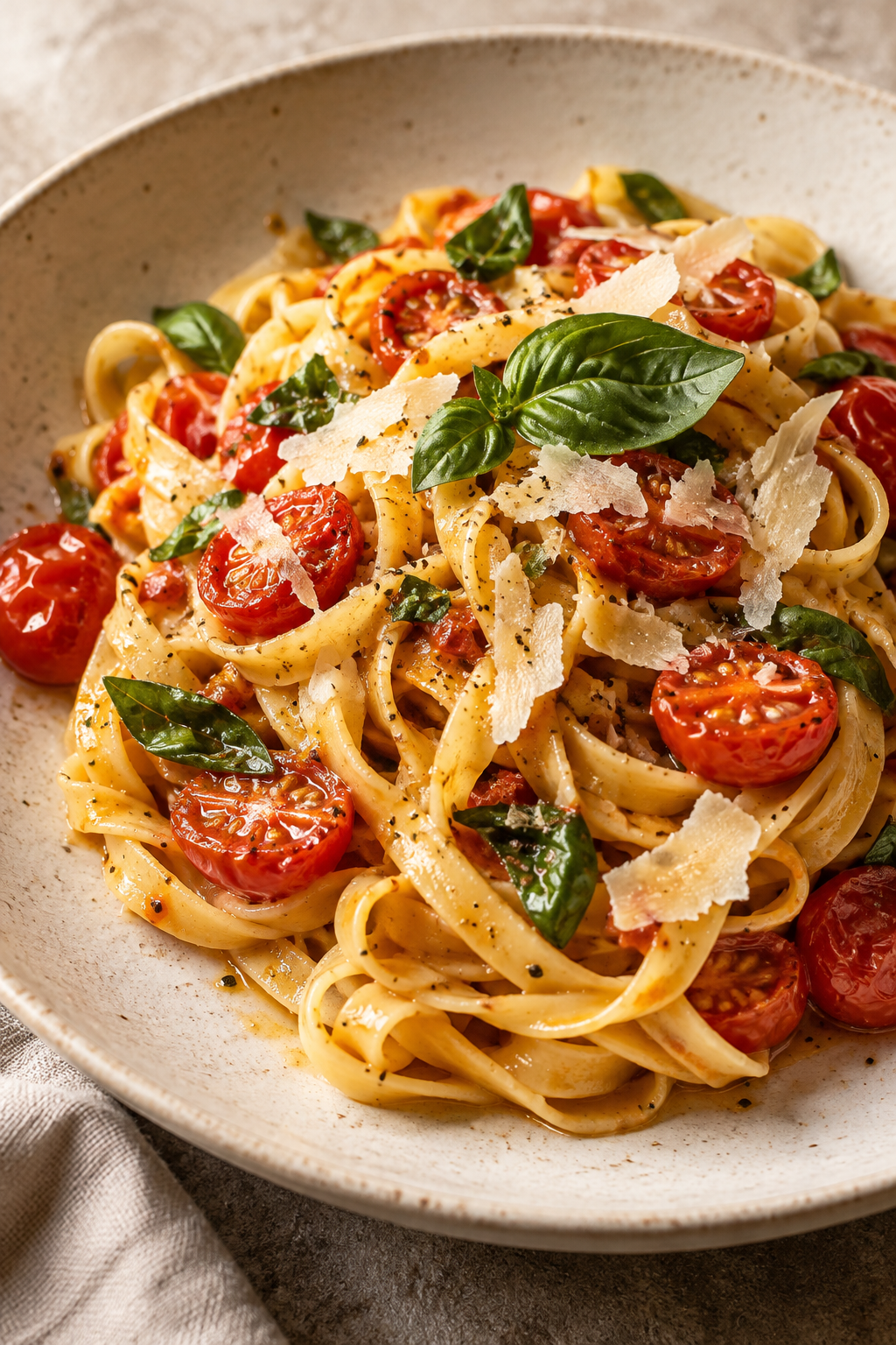 Italienische Pasta mit Tomaten und Basilikum – Stimmungsbild