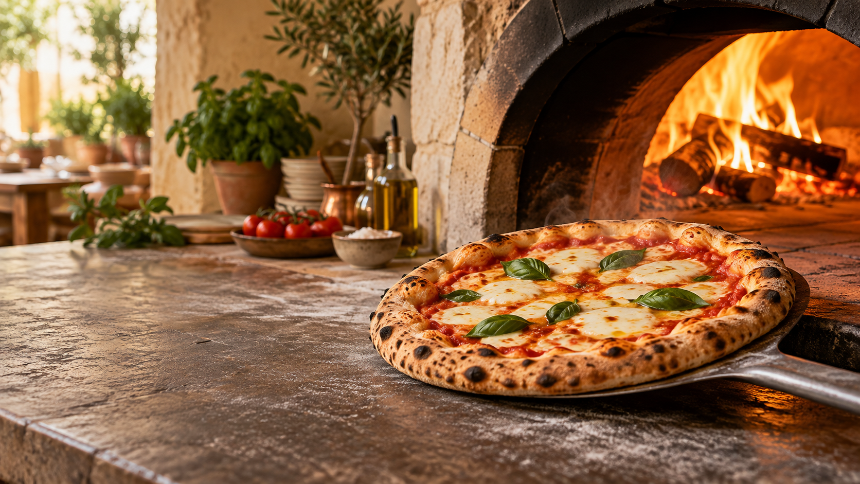 Pizza aus dem Holzofen in heller italienischer Atmosphäre
